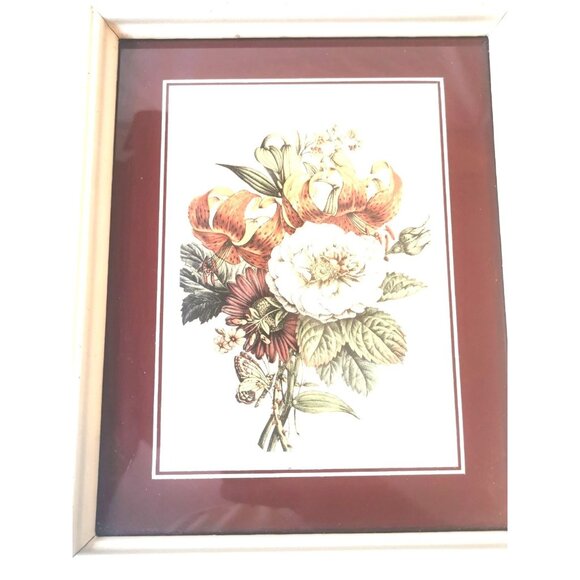 Vintage Botanical Floral Print Tiger Lily White Rose Butterfly Wood Frame 1950s - Picture 2 of 8